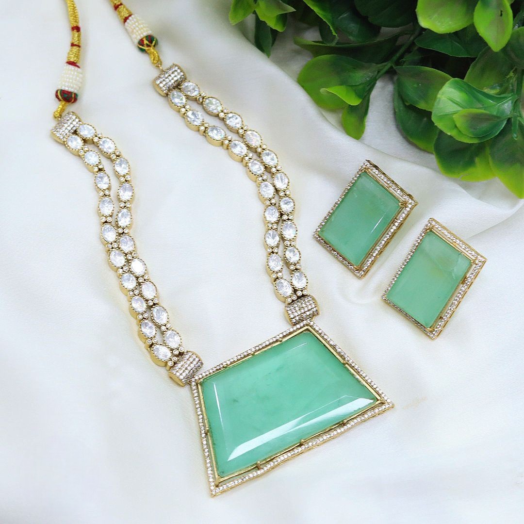 Elegant Green Stone Kundan Necklace Set with Matching Earrings – Party & Wedding Jewelry - Libasaa.com