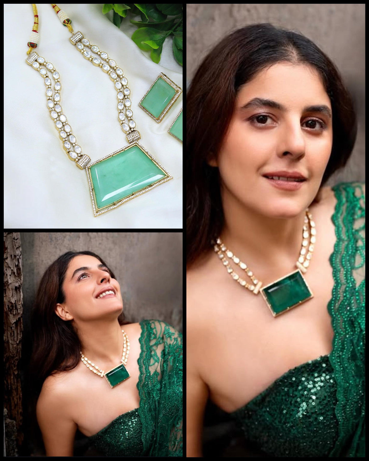 Elegant Green Stone Kundan Necklace Set with Matching Earrings – Party & Wedding Jewelry - Libasaa.com