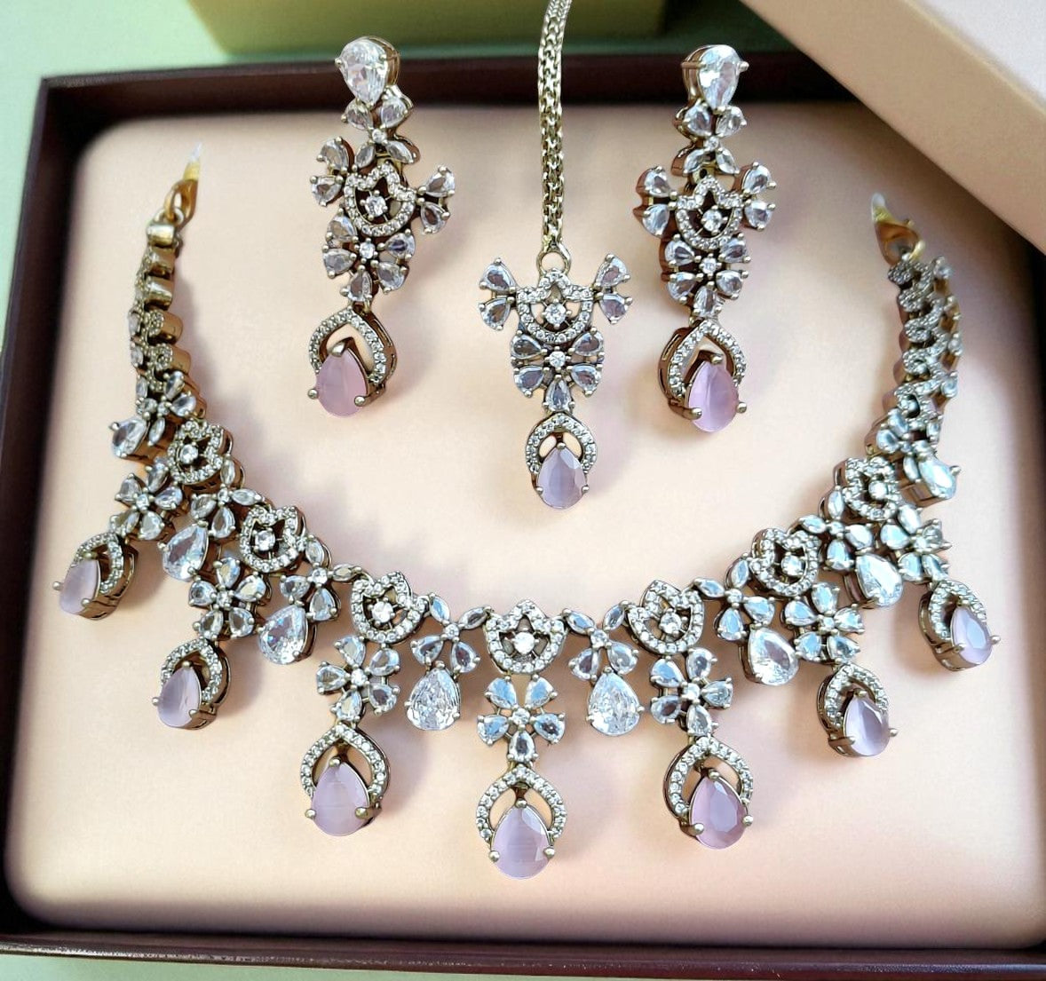 Designer Ruby & Diamond Choker Necklace Set with Earrings and Maang Tikka - Libasaa.com