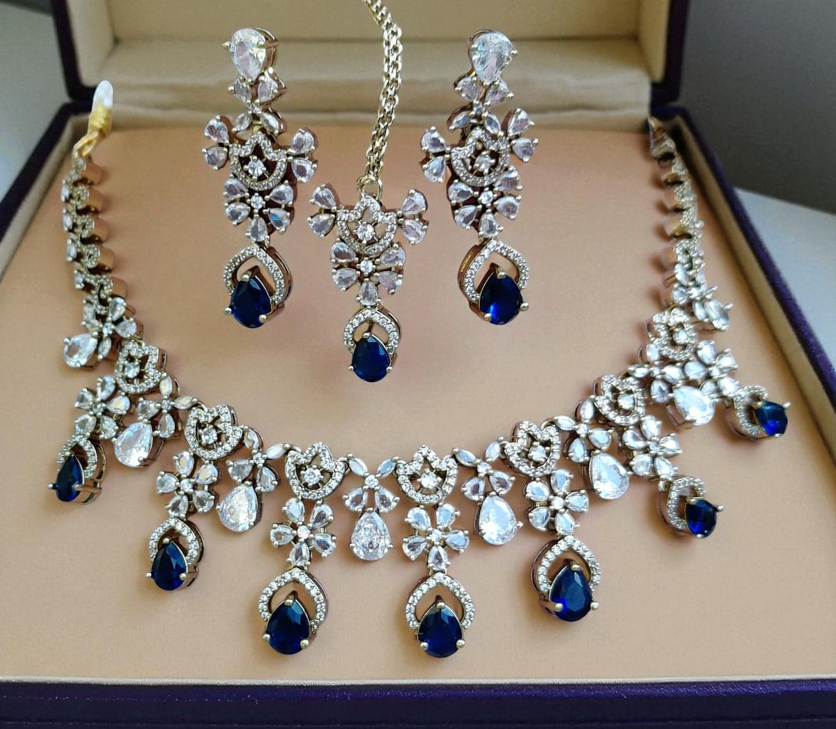 Designer Ruby & Diamond Choker Necklace Set with Earrings and Maang Tikka - Libasaa.com