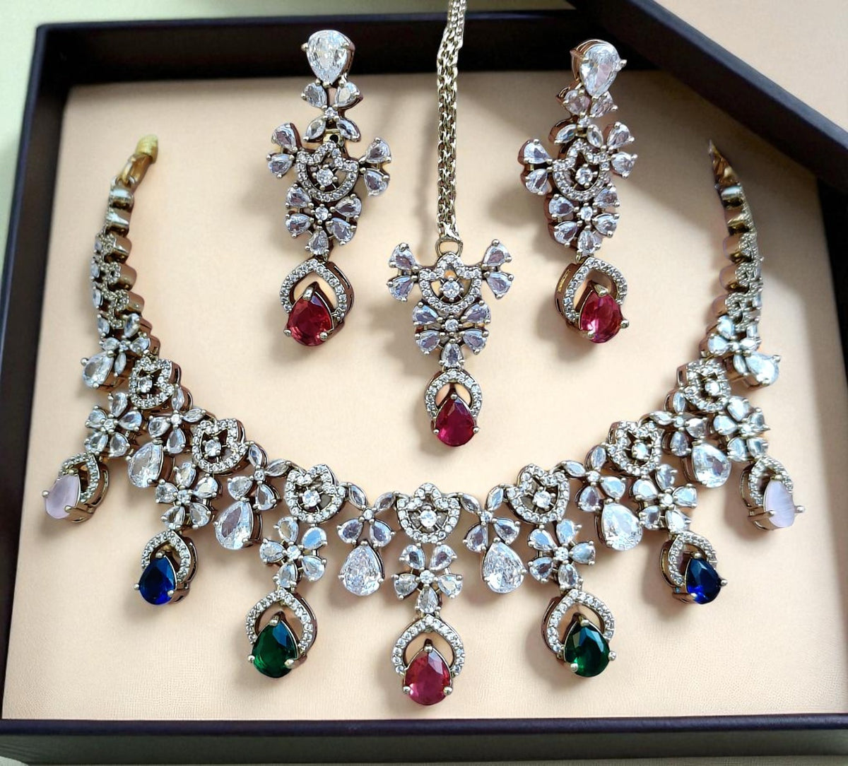 Designer Ruby & Diamond Choker Necklace Set with Earrings and Maang Tikka - Libasaa.com