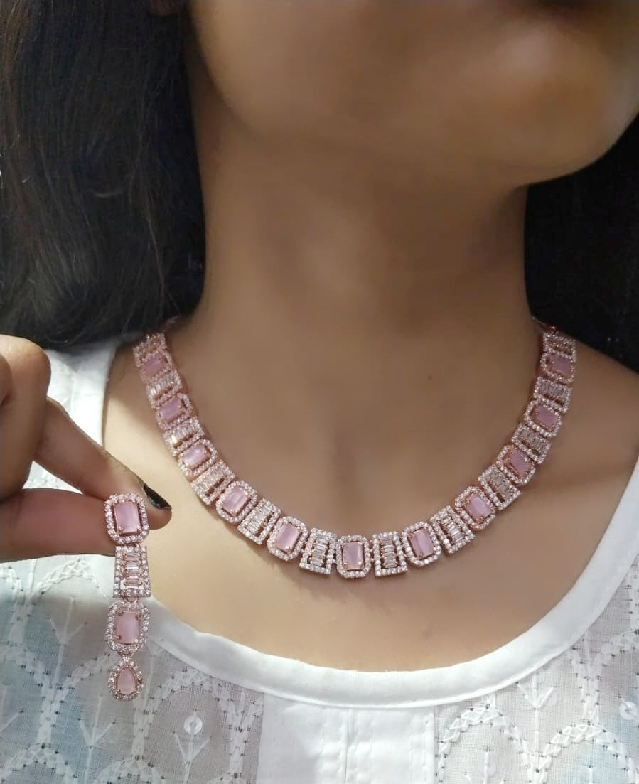 Elegant Silver-Toned Square CZ Choker Necklace with Matching Earrings – Bridal & Party Jewelry Set - Libasaa.com