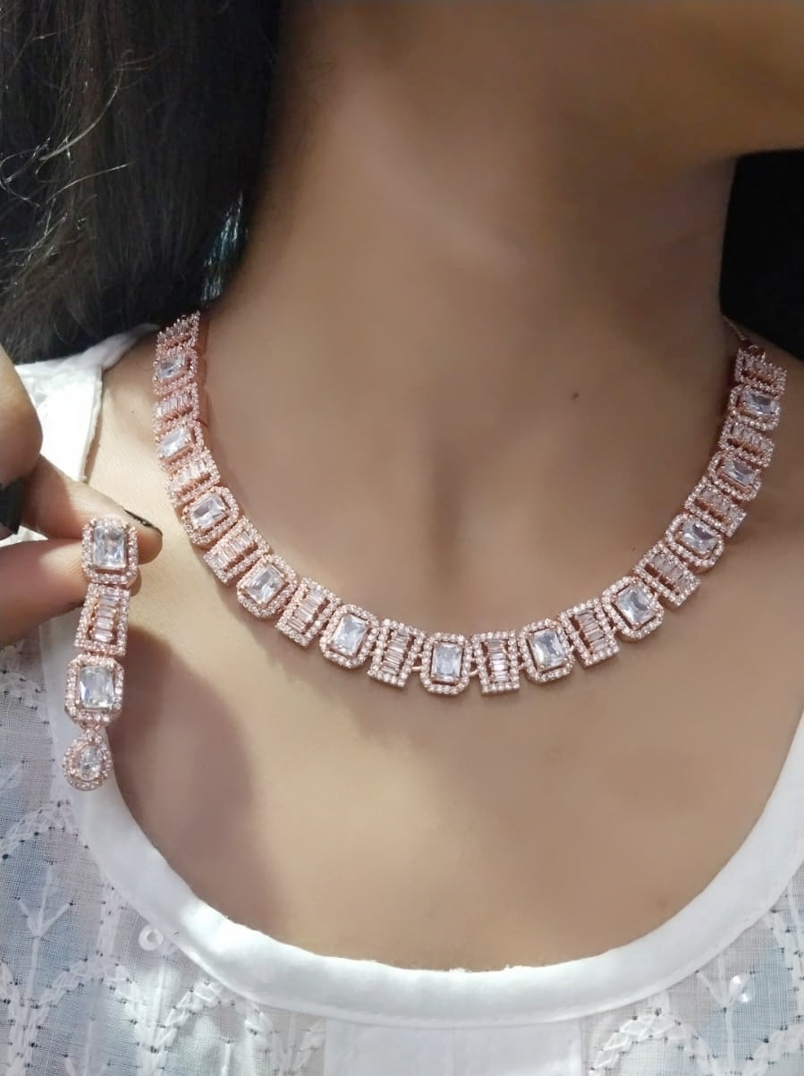 Elegant Silver-Toned Square CZ Choker Necklace with Matching Earrings – Bridal & Party Jewelry Set - Libasaa.com