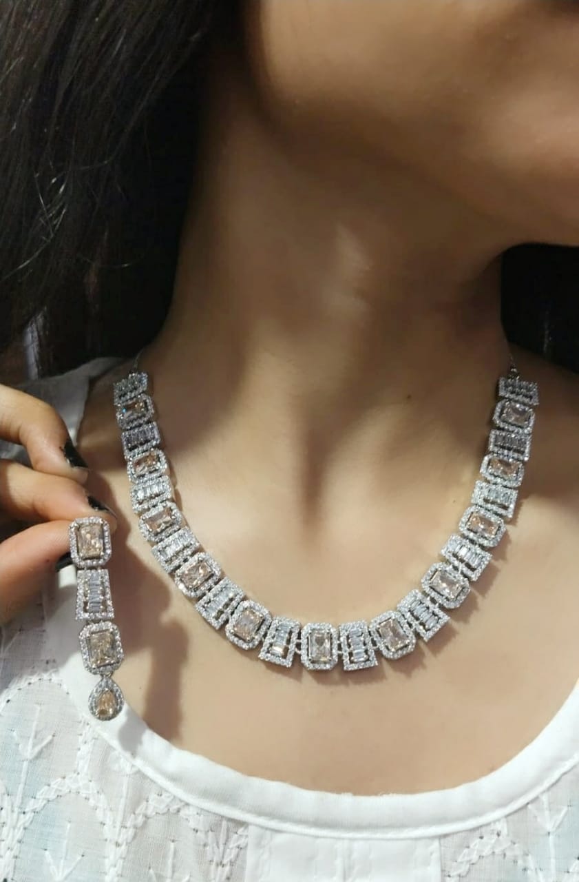 Elegant Silver-Toned Square CZ Choker Necklace with Matching Earrings – Bridal & Party Jewelry Set - Libasaa.com