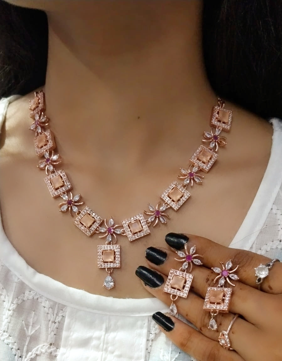 Elegant Pink Square Stone Necklace Set with Matching Earrings Rose Gold Finish Bridal & Party Jewelry - Libasaa.com