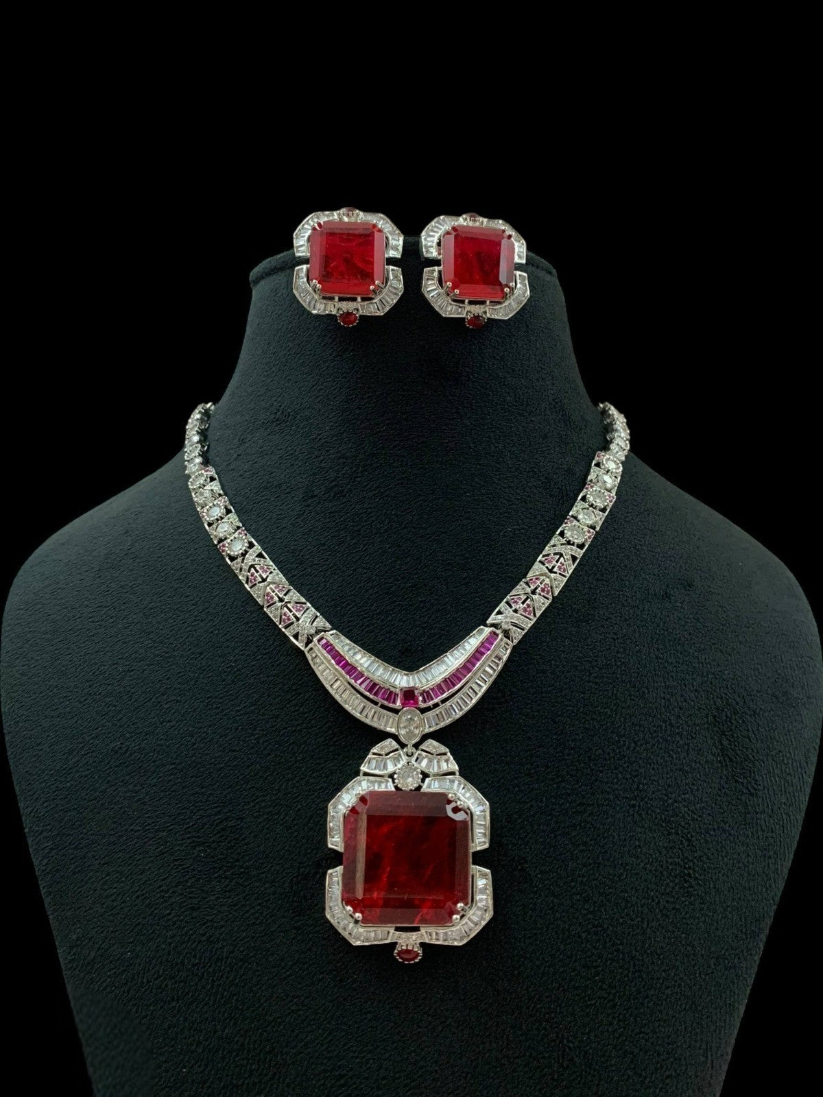 Ruby Red Stone Necklace Set with Earrings | Silver Plated Bridal Jewelry for Women & Girls - Libasaa.com