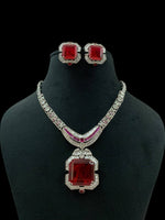 Ruby Red Stone Necklace Set with Earrings | Silver Plated Bridal Jewelry for Women & Girls - Libasaa.com