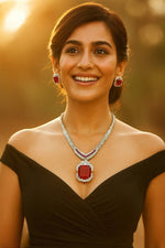 Ruby Red Stone Necklace Set with Earrings | Silver Plated Bridal Jewelry for Women & Girls - Libasaa.com