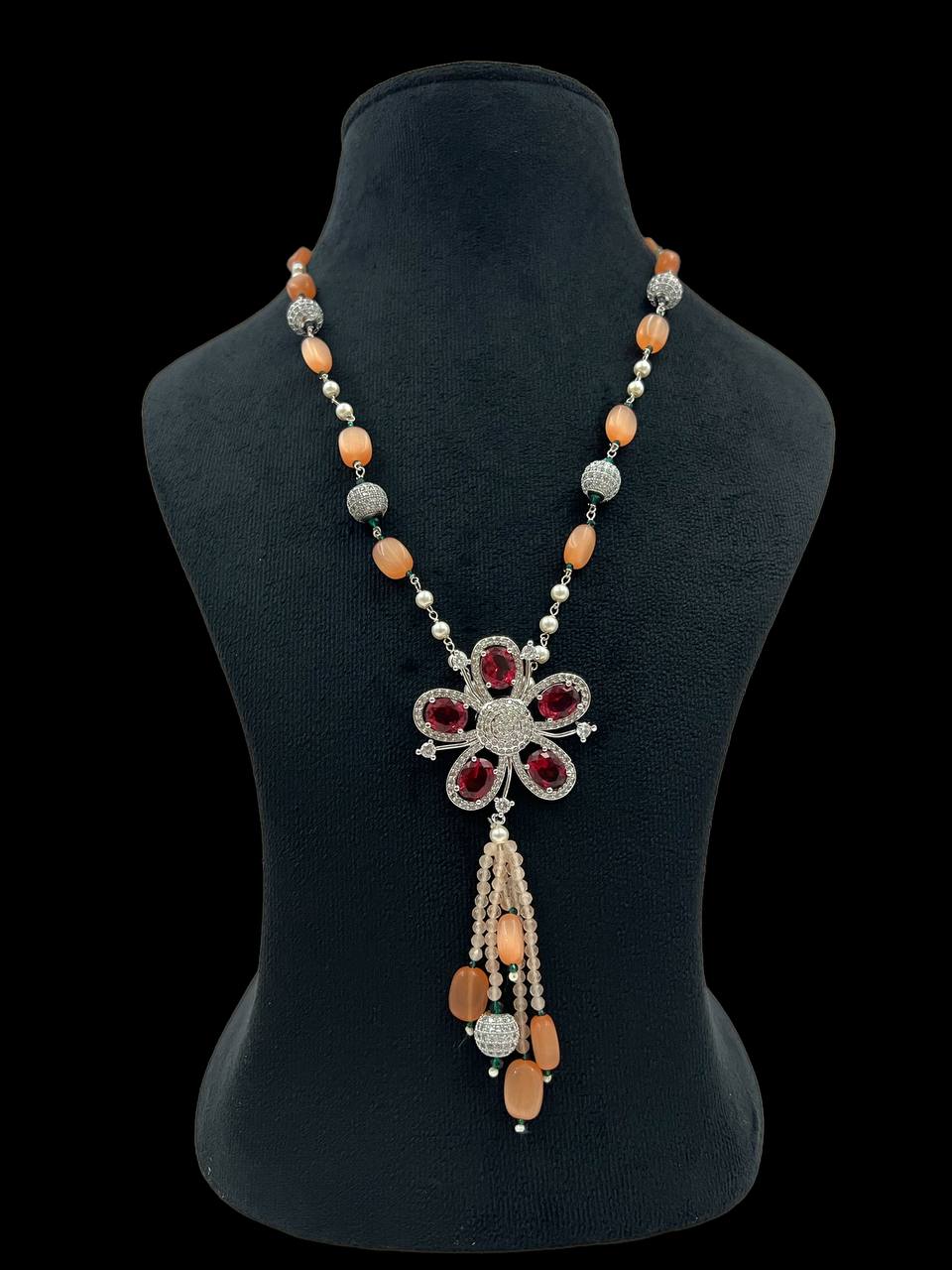 Handmade Designer Necklace with Red & Blue Stones | Elegant Flower Pendant Jewelry for Women | Party & Festive Wear - Libasaa.com