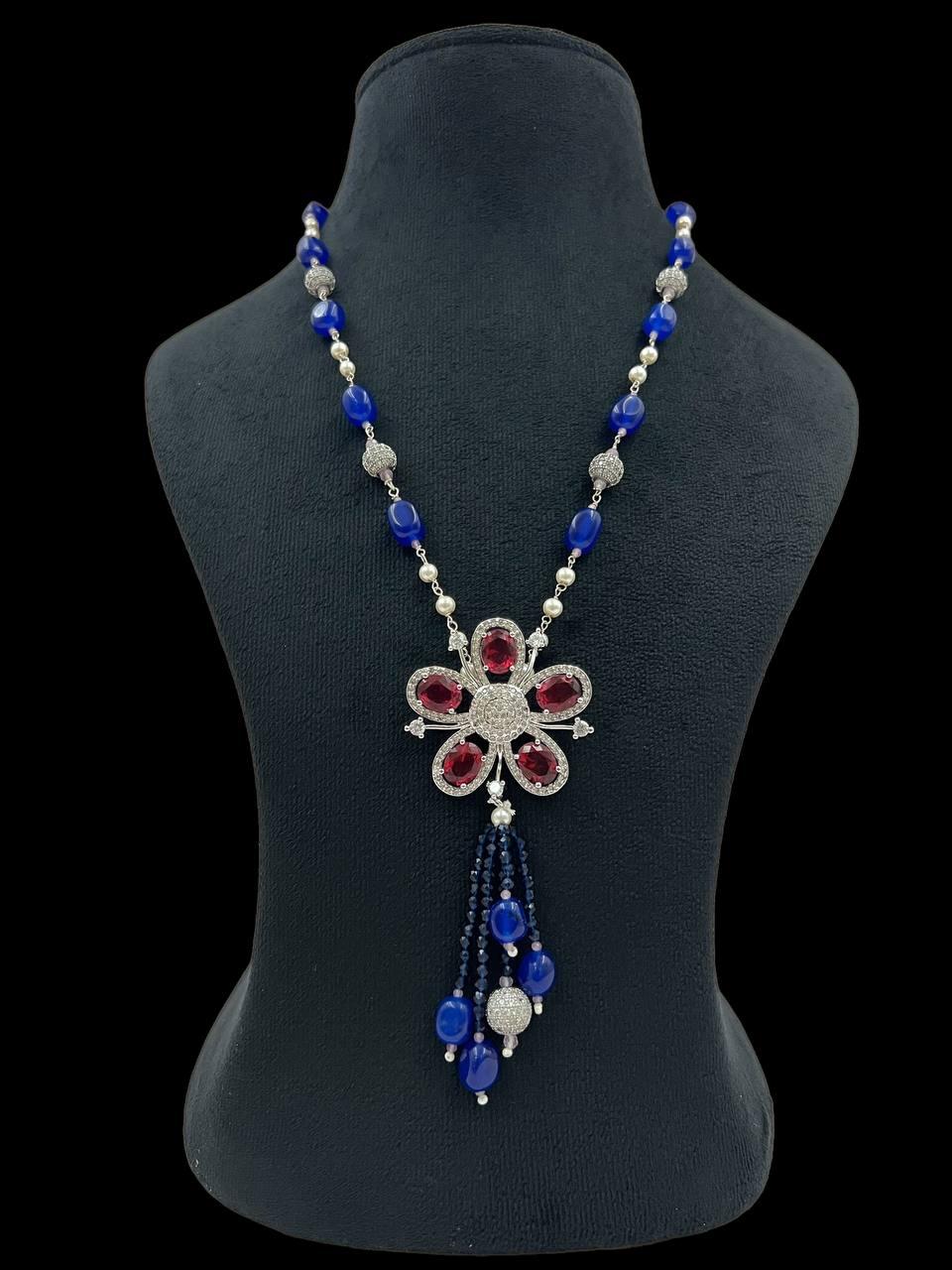 Handmade Designer Necklace with Red & Blue Stones | Elegant Flower Pendant Jewelry for Women | Party & Festive Wear - Libasaa.com