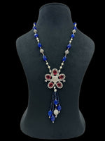 Handmade Designer Necklace with Red & Blue Stones | Elegant Flower Pendant Jewelry for Women | Party & Festive Wear - Libasaa.com