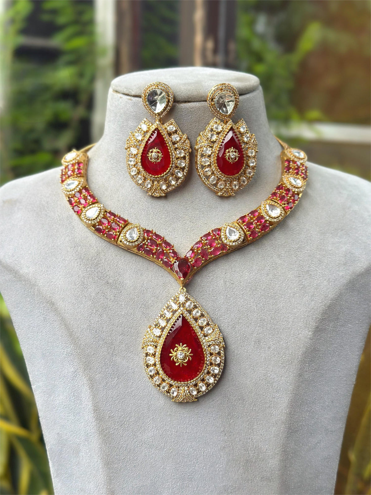 Gold Plated Red Stone Necklace Set with Earrings | Bridal & Party Wear Jewelry for Women - Libasaa.com