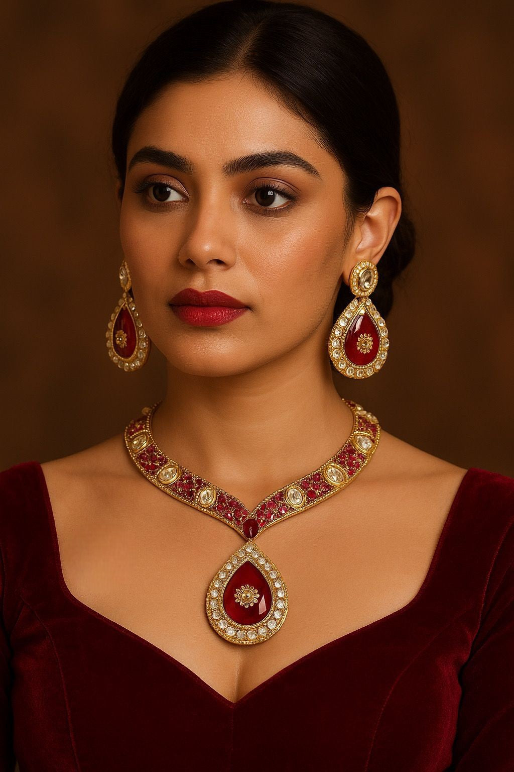 Gold Plated Red Stone Necklace Set with Earrings | Bridal & Party Wear Jewelry for Women - Libasaa.com