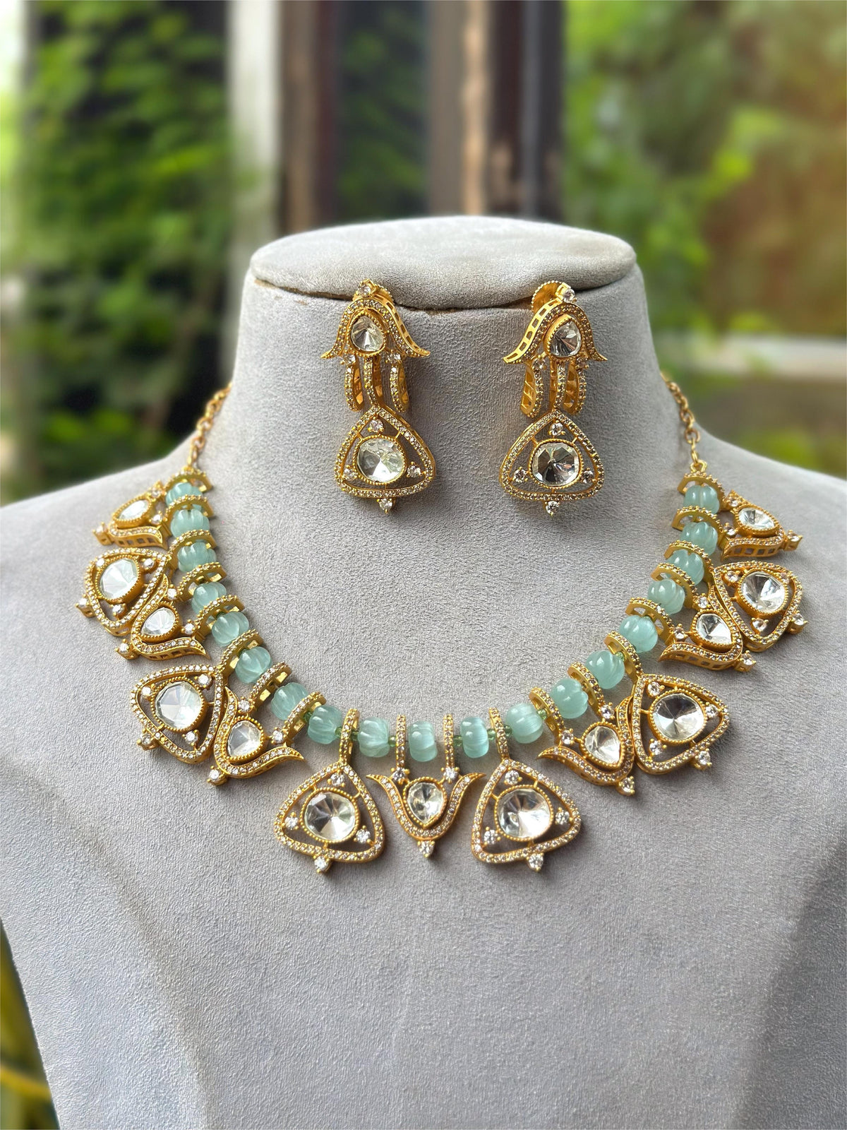 Bridal Green Beaded Kundan Necklace Set with Earrings | Traditional Indian Wedding Jewelry - Libasaa.com