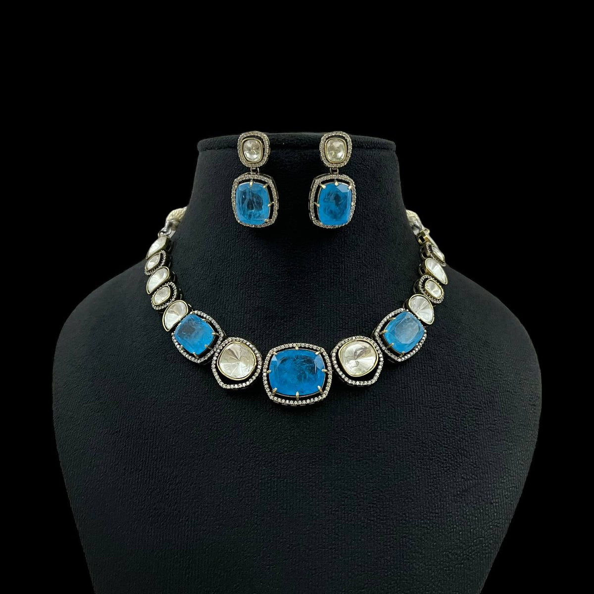 Elegant Blue Stone Necklace Set with Earrings | Designer Party & Wedding Jewelry for Women - Libasaa.com