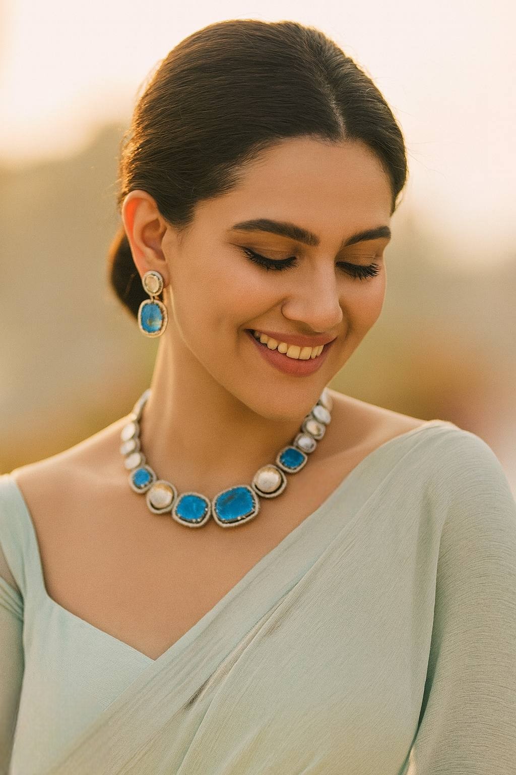 Elegant Blue Stone Necklace Set with Earrings | Designer Party & Wedding Jewelry for Women - Libasaa.com