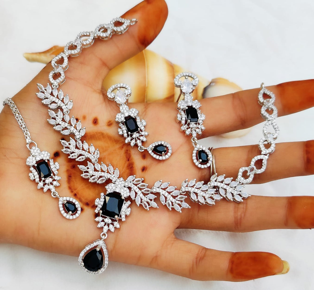 Royal Blue & Silver Plated Necklace Set with Earrings & Maang Tikka | Bridal & Party Wear Jewelry - Libasaa.com