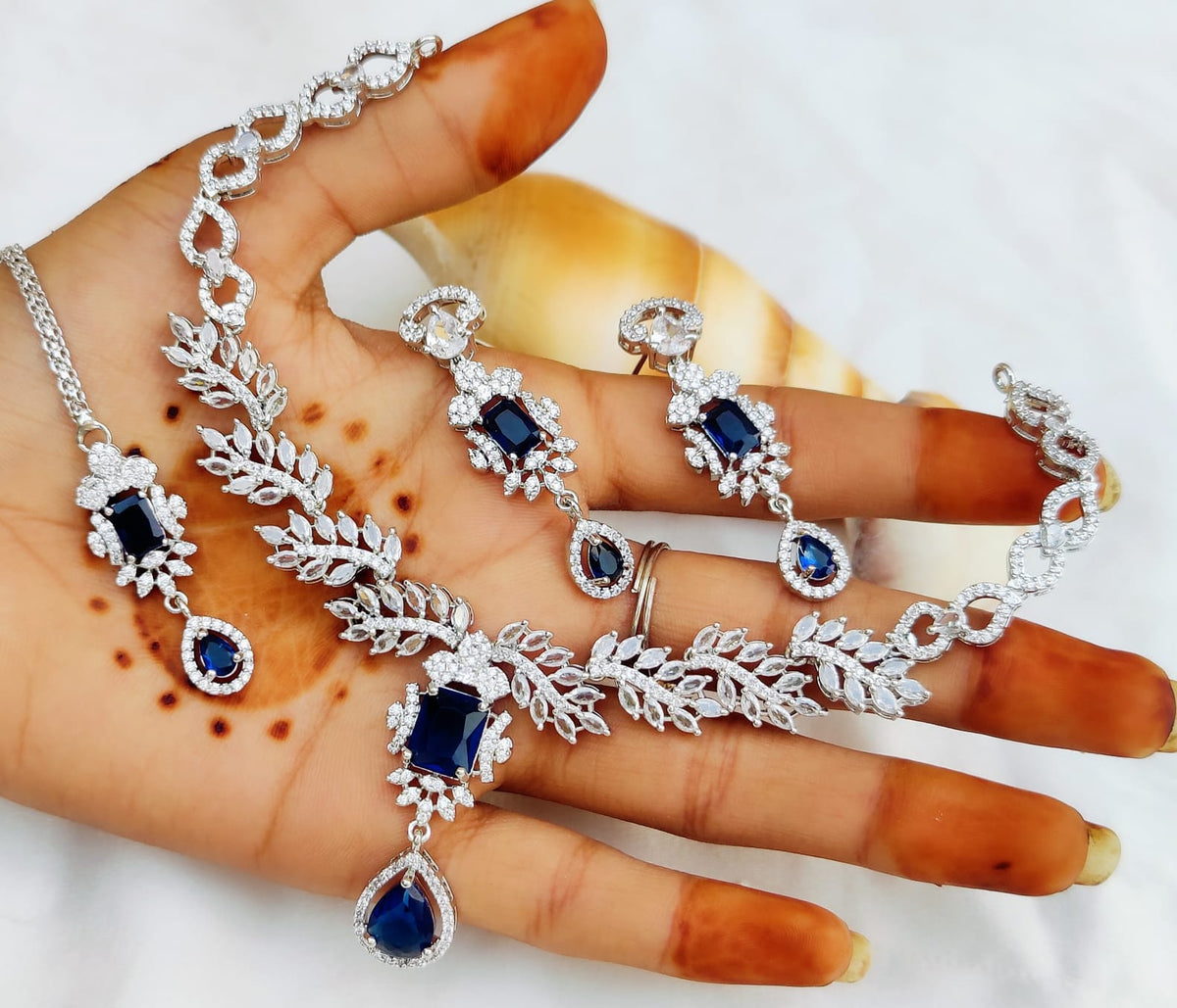 Royal Blue & Silver Plated Necklace Set with Earrings & Maang Tikka | Bridal & Party Wear Jewelry - Libasaa.com