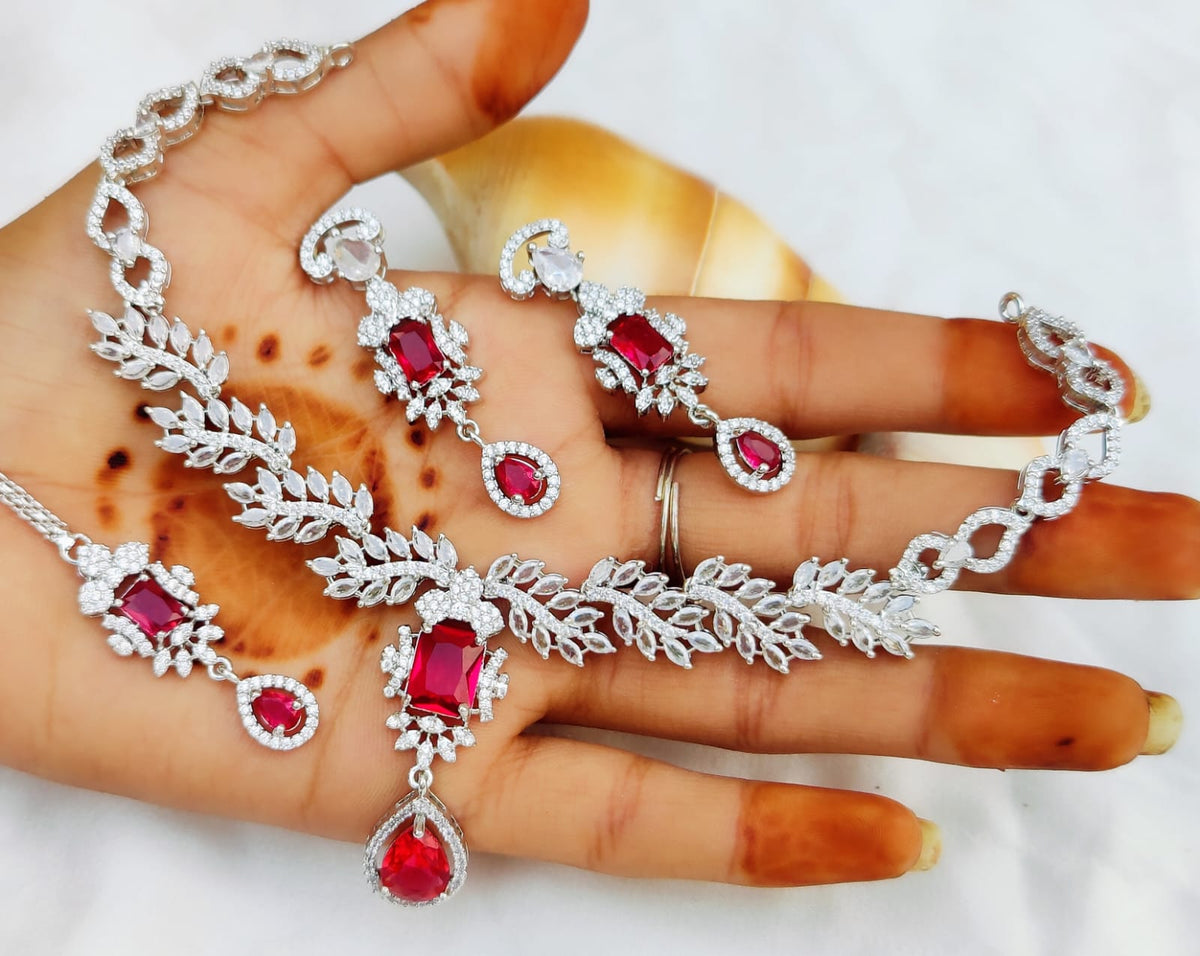 Royal Blue & Silver Plated Necklace Set with Earrings & Maang Tikka | Bridal & Party Wear Jewelry - Libasaa.com