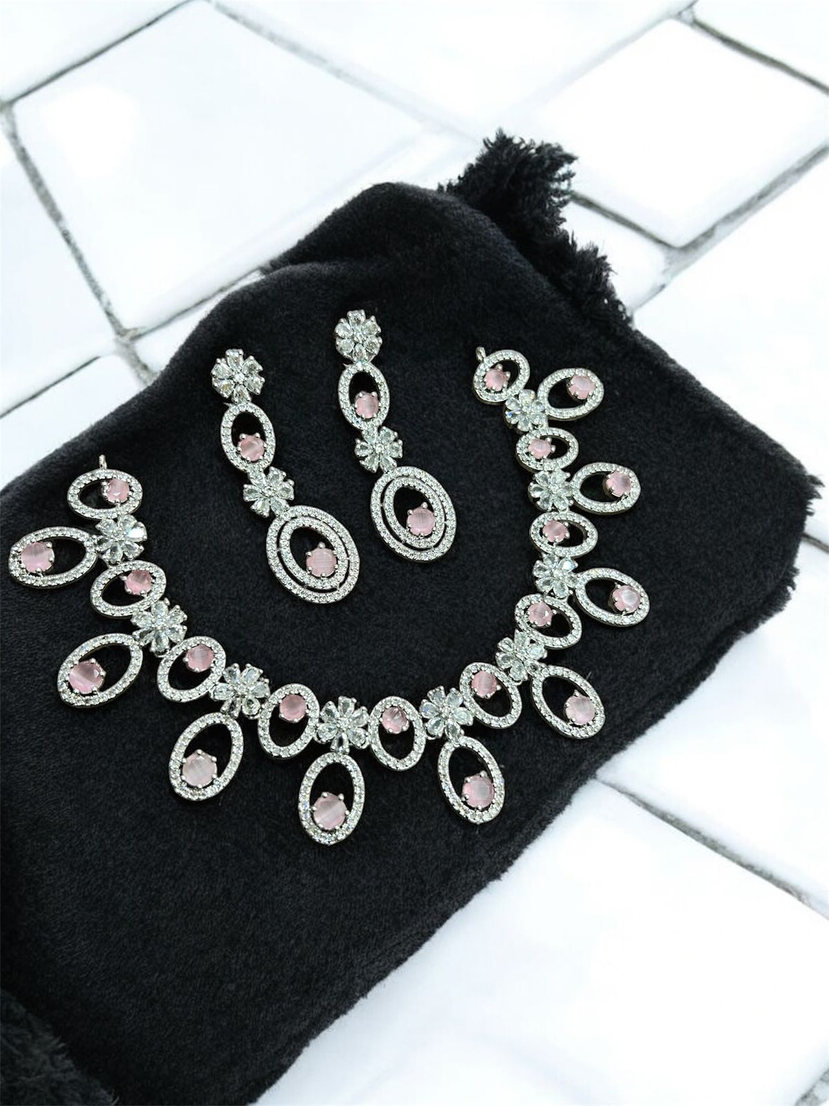 Traditional Silver Plated Round Shaped AD CZ Stone Necklace Earring Set - Libasaa.com