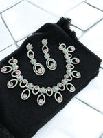 Traditional Silver Plated Round Shaped AD CZ Stone Necklace Earring Set - Libasaa.com