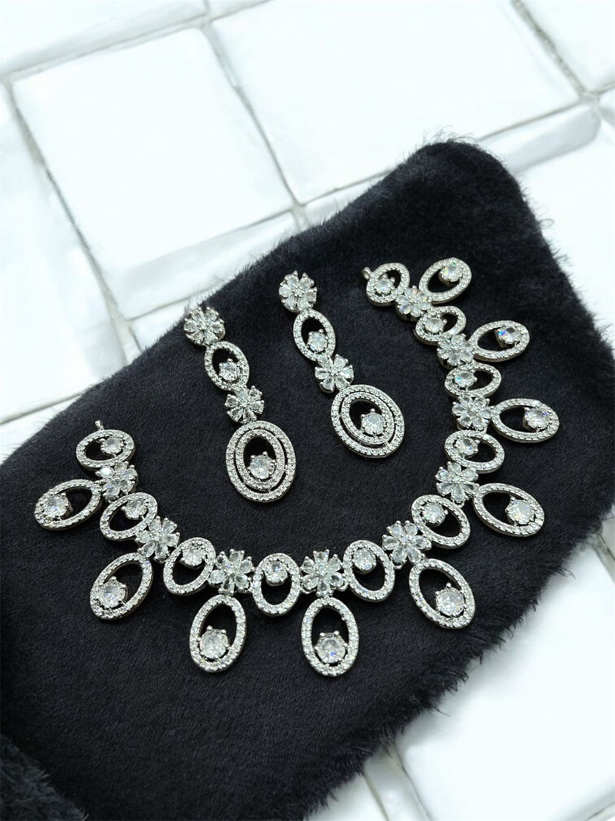 Traditional Silver Plated Round Shaped AD CZ Stone Necklace Earring Set - Libasaa.com