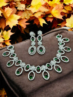 Traditional Silver Plated Round Shaped AD CZ Stone Necklace Earring Set - Libasaa.com