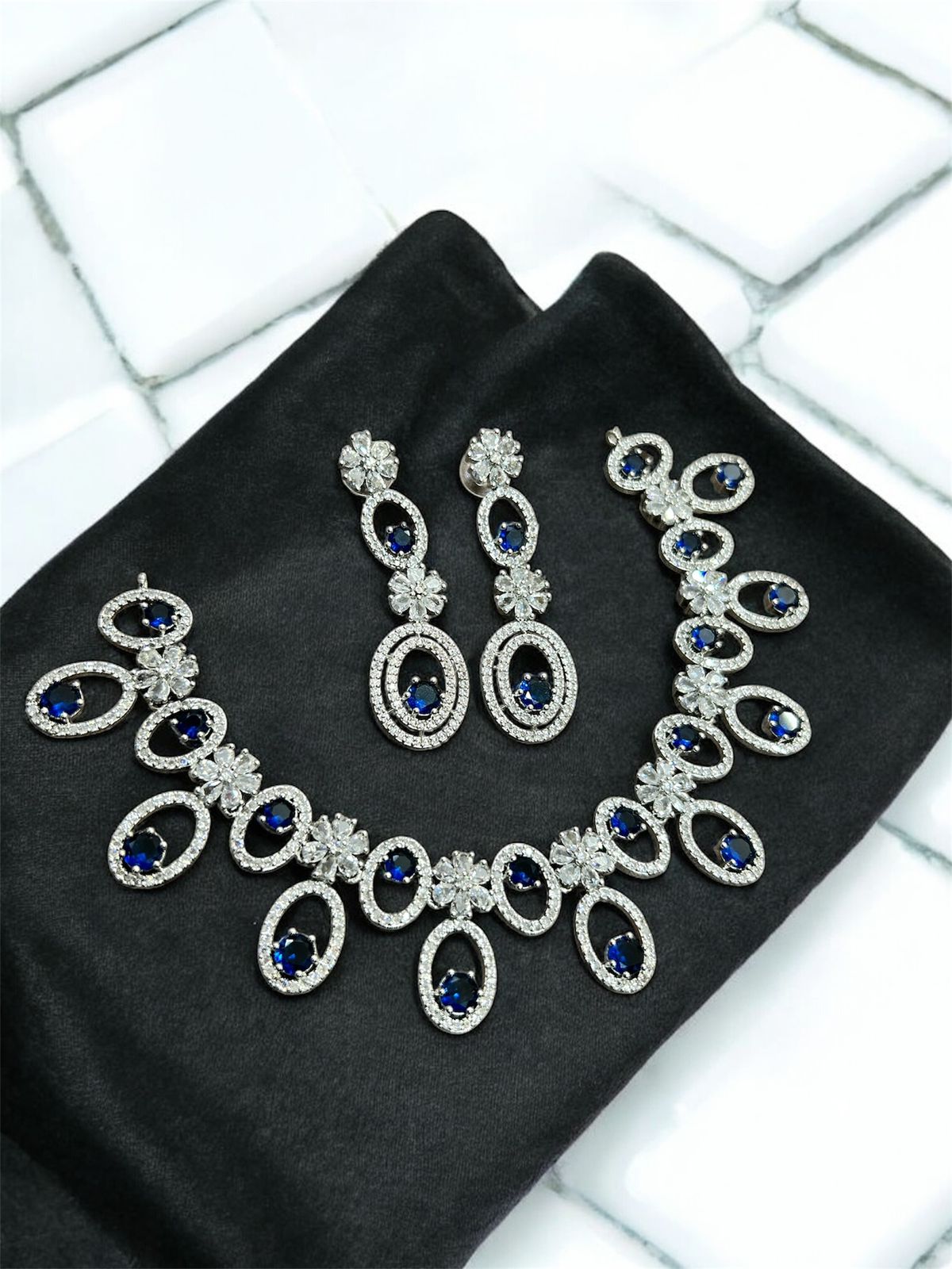 Traditional Silver Plated Round Shaped AD CZ Stone Necklace Earring Set - Libasaa.com