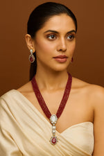 Royal Beaded Kundan Pendant Haar Set Bridal Long Necklace & Earrings, Indian Wedding Jewelry - Libasaa.com