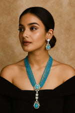 Royal Beaded Kundan Pendant Haar Set Bridal Long Necklace & Earrings, Indian Wedding Jewelry - Libasaa.com