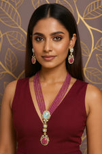 Royal Beaded Kundan Pendant Haar Set Bridal Long Necklace & Earrings, Indian Wedding Jewelry - Libasaa.com