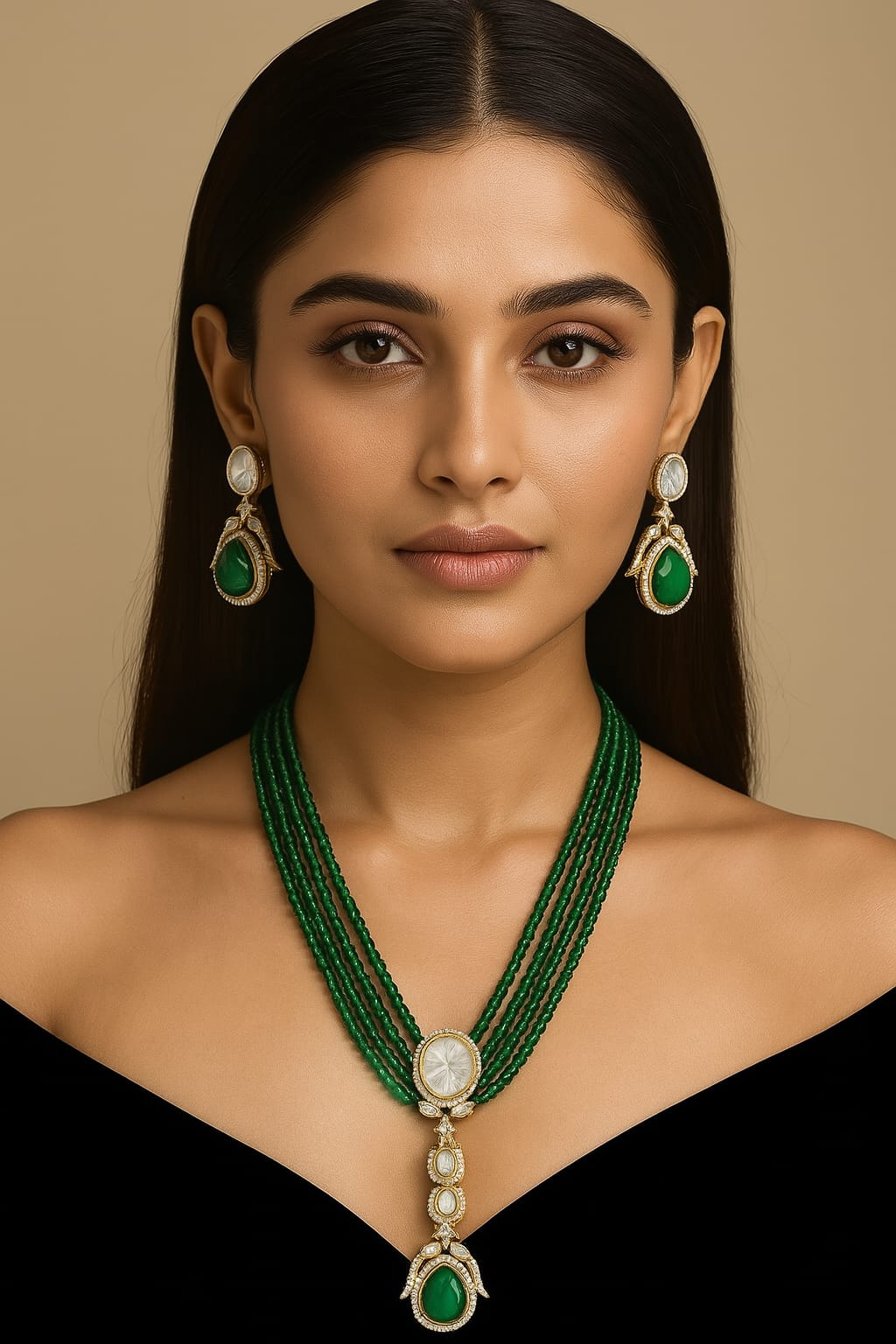 Royal Beaded Kundan Pendant Haar Set Bridal Long Necklace & Earrings, Indian Wedding Jewelry - Libasaa.com