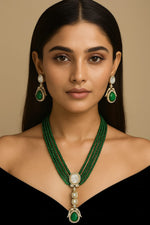 Royal Beaded Kundan Pendant Haar Set Bridal Long Necklace & Earrings, Indian Wedding Jewelry - Libasaa.com