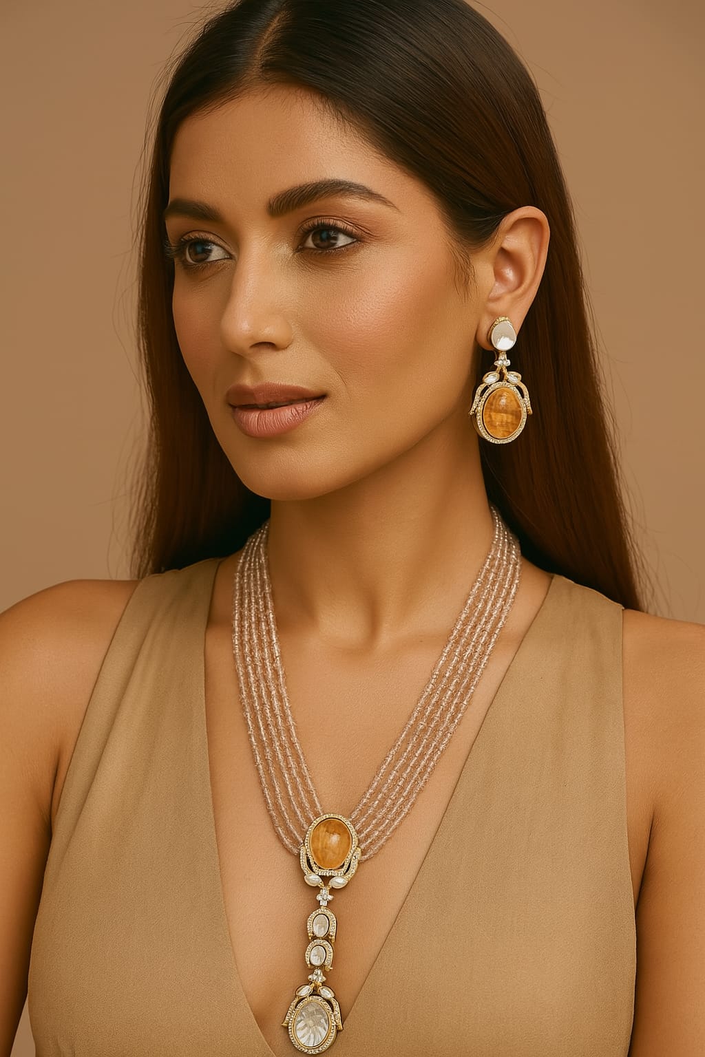 Royal Beaded Kundan Pendant Haar Set Bridal Long Necklace & Earrings, Indian Wedding Jewelry - Libasaa.com