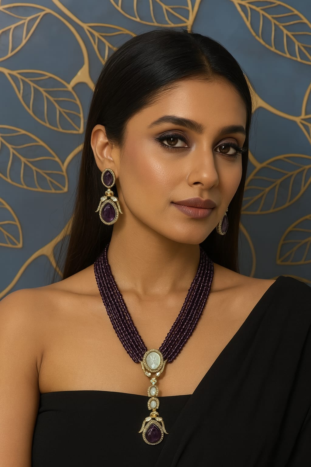 Royal Beaded Kundan Pendant Haar Set Bridal Long Necklace & Earrings, Indian Wedding Jewelry - Libasaa.com