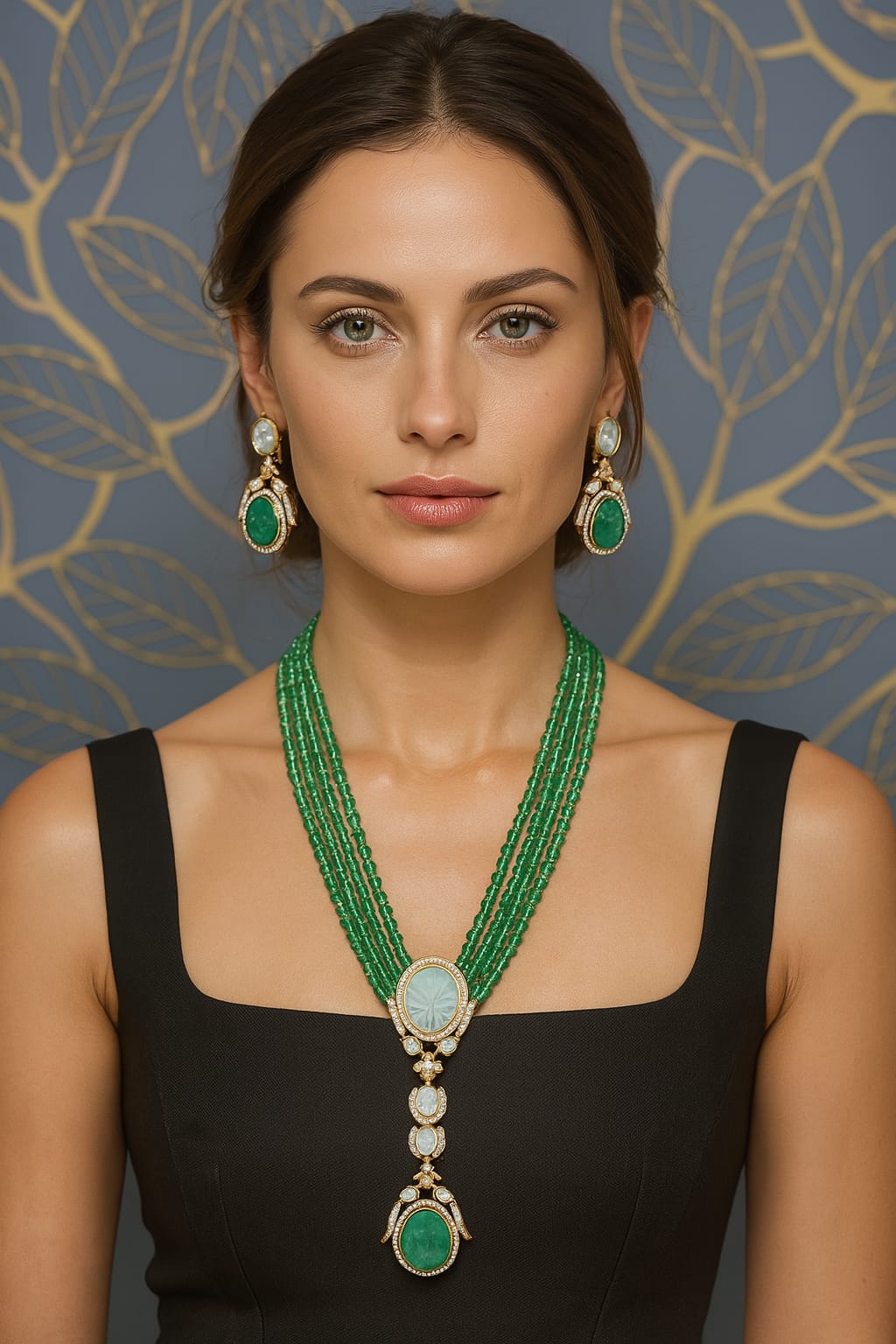 Royal Beaded Kundan Pendant Haar Set Bridal Long Necklace & Earrings, Indian Wedding Jewelry - Libasaa.com