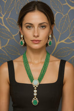 Royal Beaded Kundan Pendant Haar Set Bridal Long Necklace & Earrings, Indian Wedding Jewelry - Libasaa.com