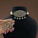 Kundan Choker Necklace Set with Pearl Drops & Earrings Bridal Jewelry Set Pakistani Necklace SetPolki Necklace - Libasaa.com