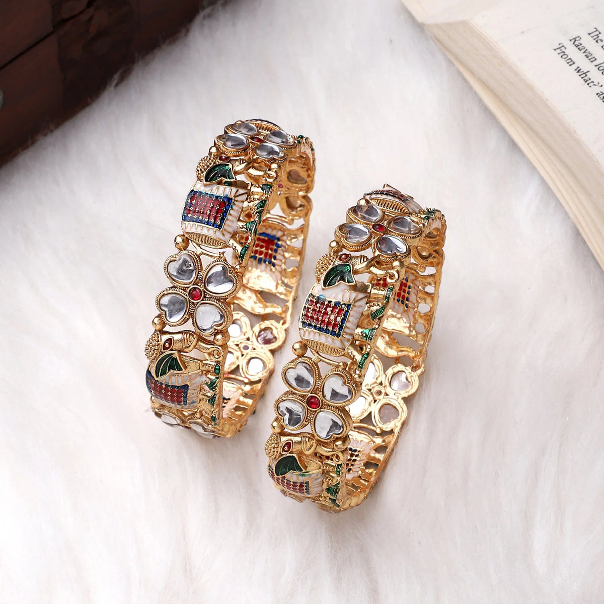 Set of 2 Golden Elephant Bracelets | Traditional Kada Bangles | Ethnic Indian Jewelry - Libasaa.com