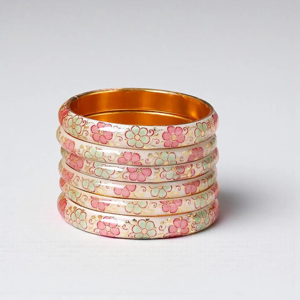 Set of 6 Pink & Pista Bracelets | Colorful Kada Bangles | Ethnic Indian Jewelry - Libasaa.com
