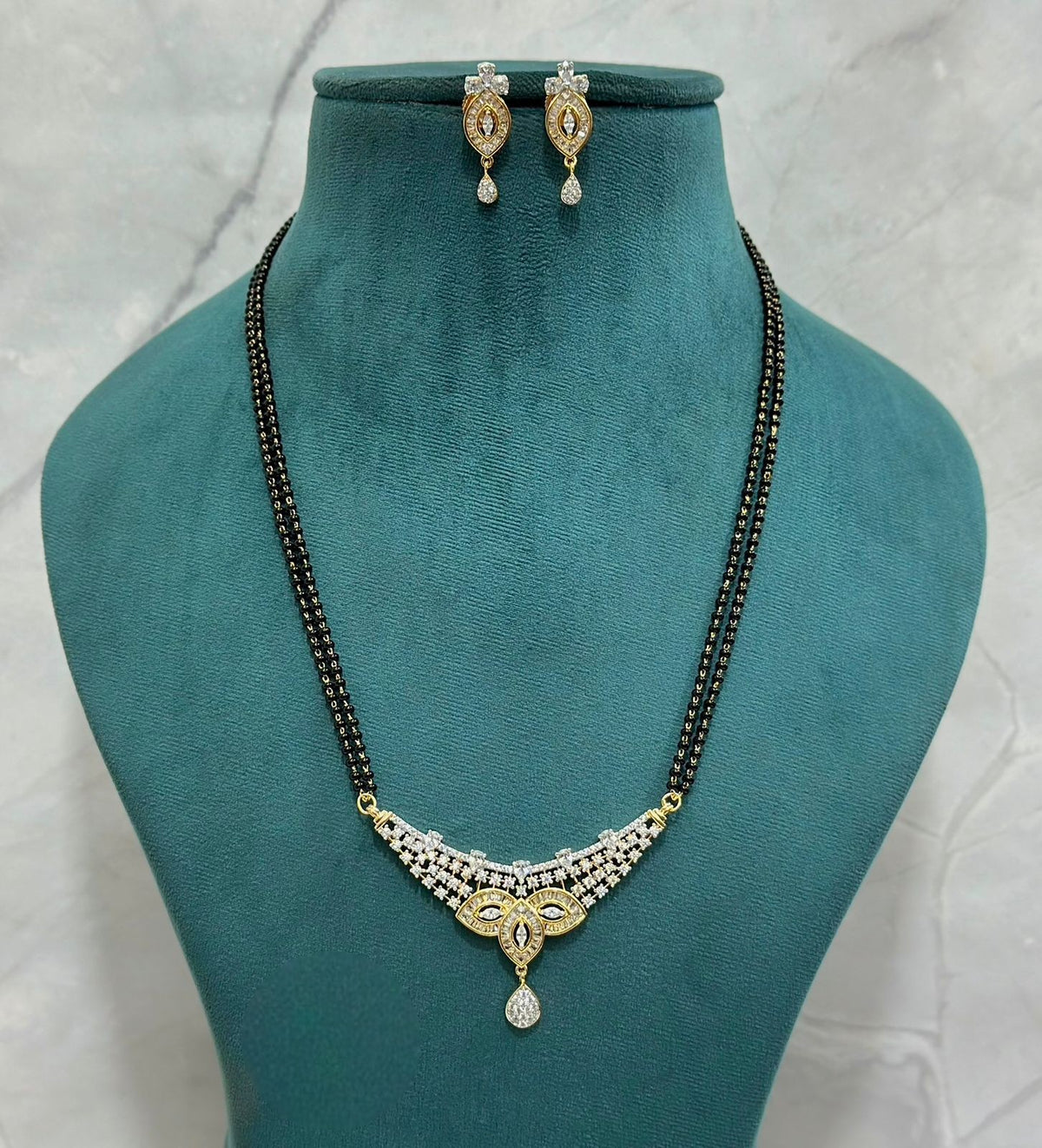 Premium Quality CZ Mangalsutra with 18 Inch Double Chain & Matching Earrings - Libasaa.com