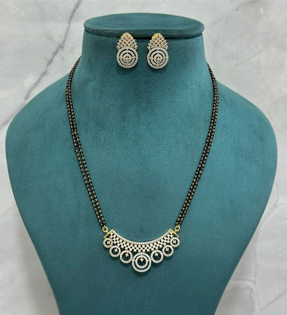 Premium CZ Mangalsutra Set with 18" Double Chain & Matching Earrings - Libasaa.com