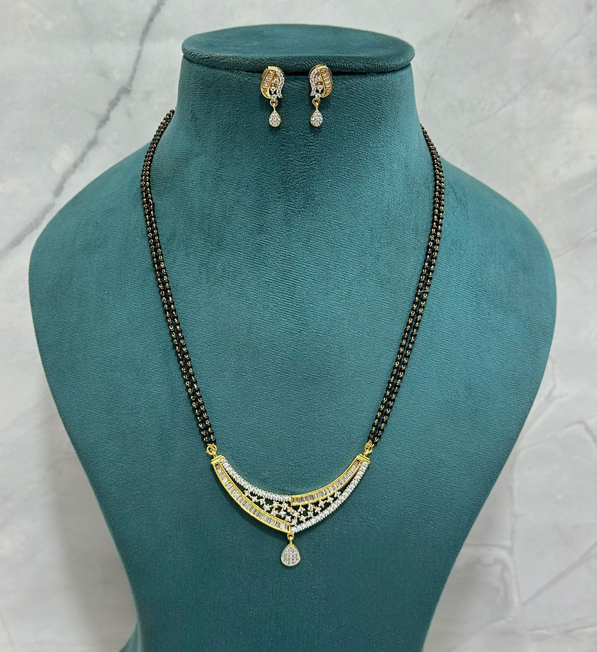 Elegant CZ Mangalsutra Set with Teardrop Pendant & Double Chain – Includes Matching Earrings - Libasaa.com