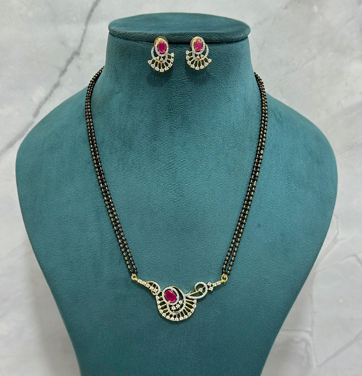 Designer Ruby CZ Mangalsutra Set with Double Chain & Matching Earrings - Libasaa.com