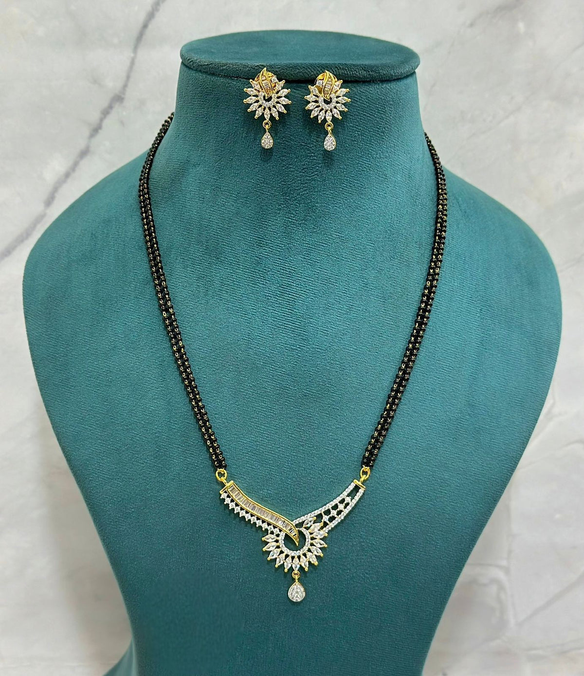 Sunburst CZ Mangalsutra Set with Contemporary Curve Pendant & Matching Drop Earrings - Libasaa.com