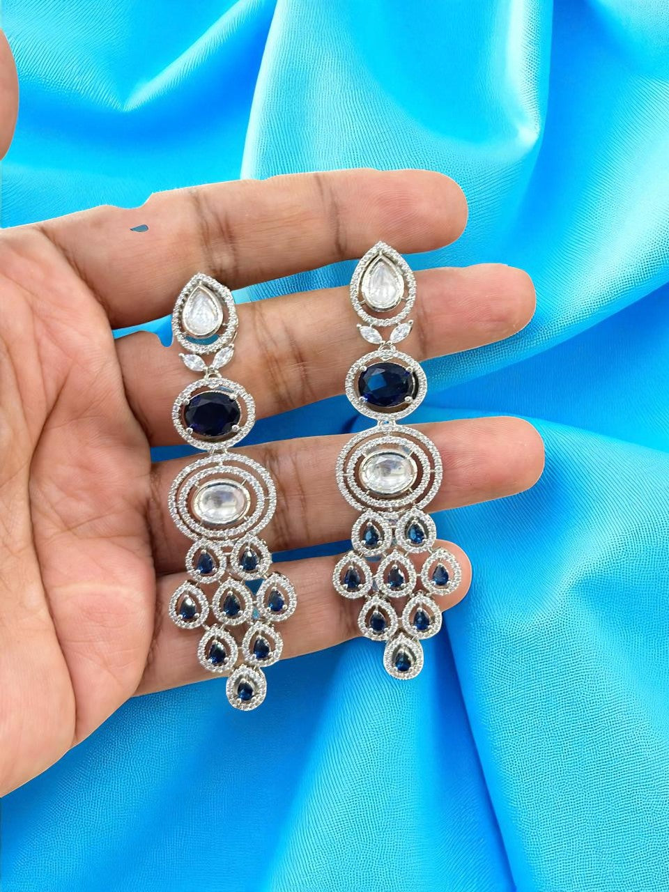 Indian Multi Layered AD CZ Silver Plated Bridal Earring Set - Libasaa.com