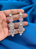 Indian Multi Layered AD CZ Silver Plated Bridal Earring Set - Libasaa.com
