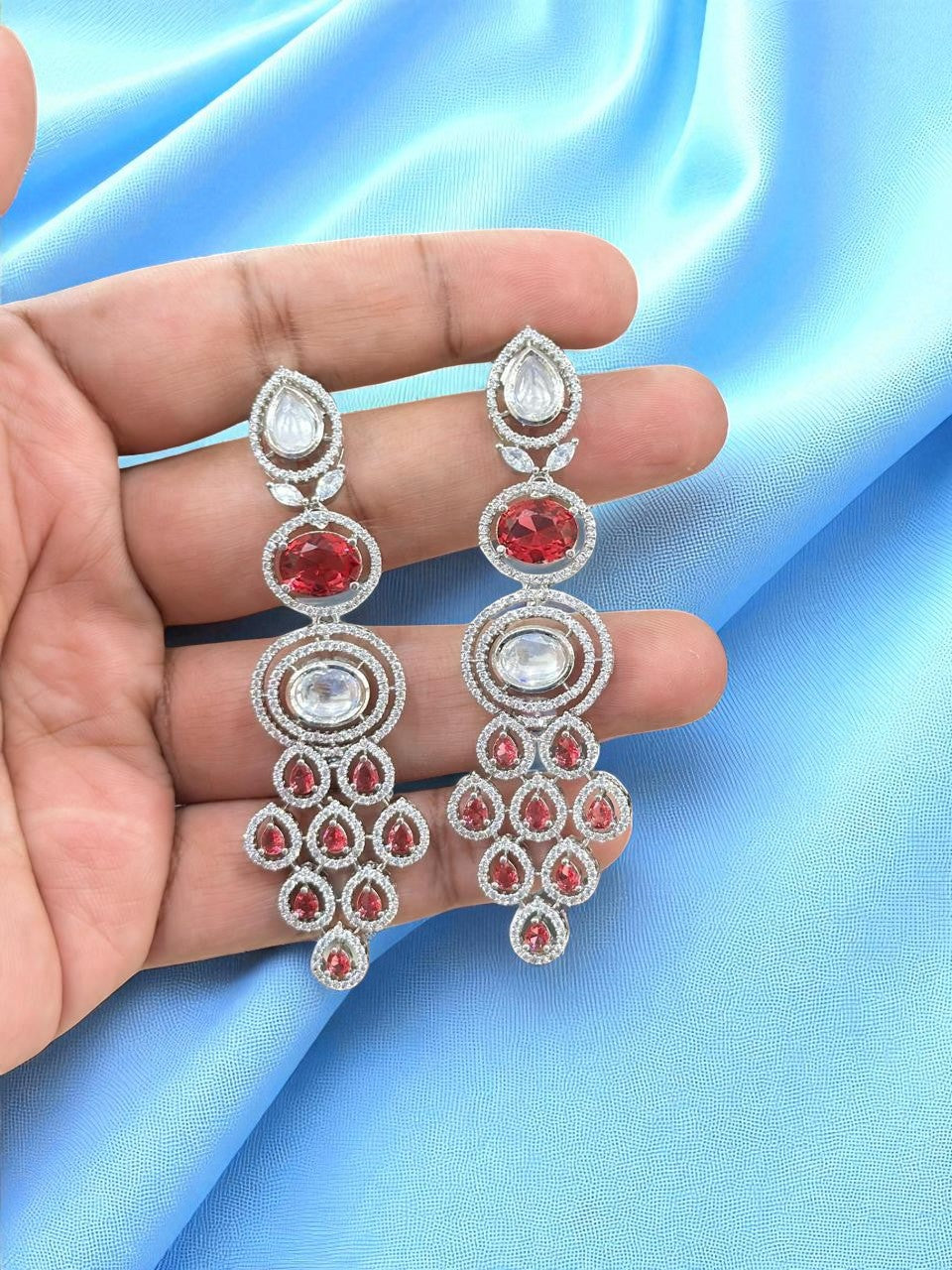 Indian Multi Layered AD CZ Silver Plated Bridal Earring Set - Libasaa.com