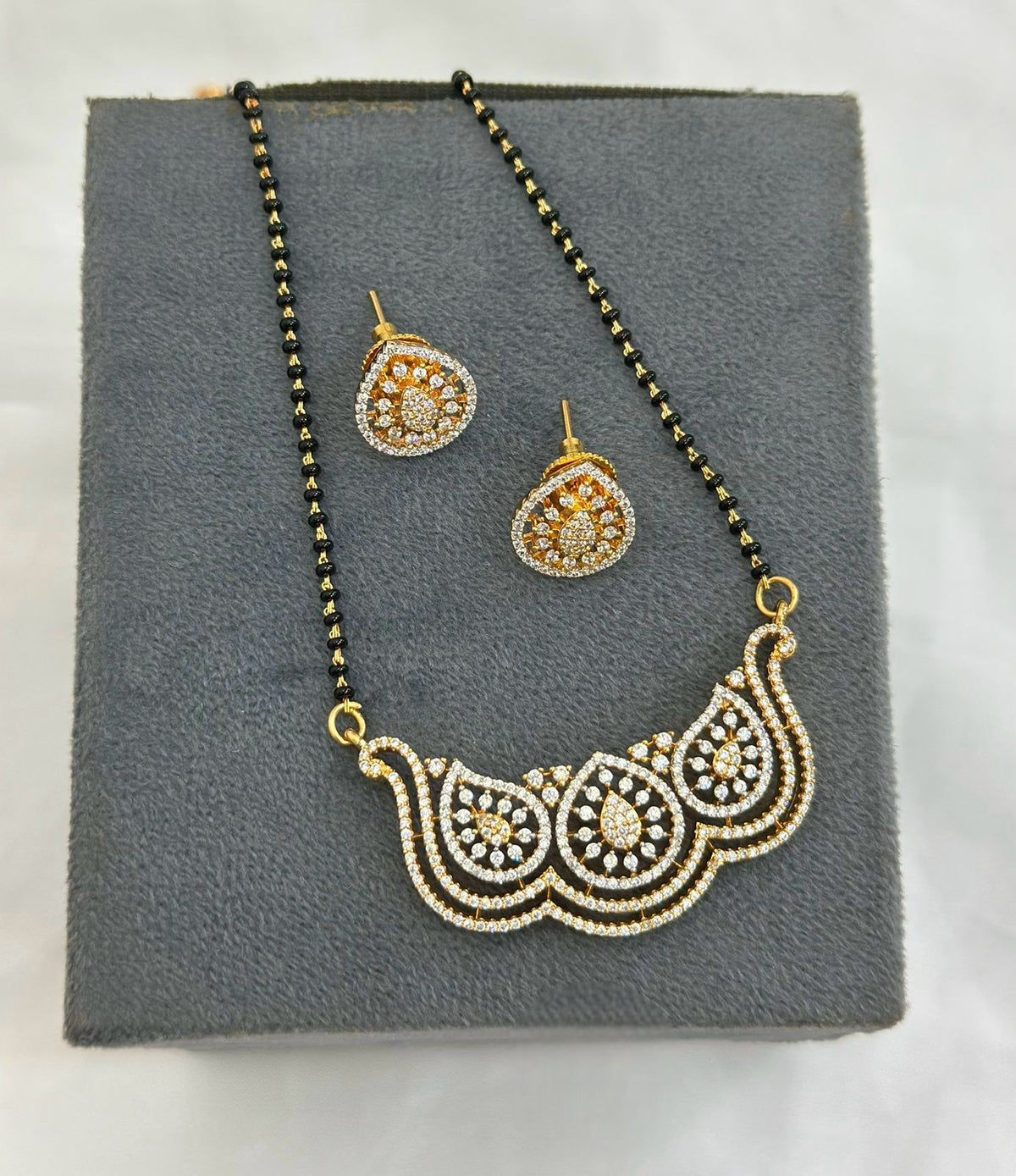 Royal Paisley CZ Mangalsutra Set with Teardrop Stud Earrings - Libasaa.com
