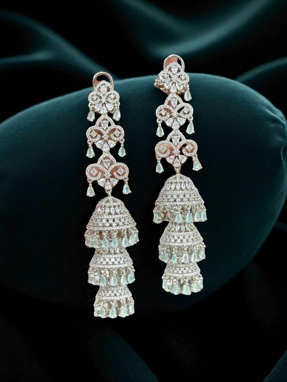 Triple Jhumka CZ Drop Earrings – Designer Tiered Danglers with Mint Green Accents - Libasaa.com